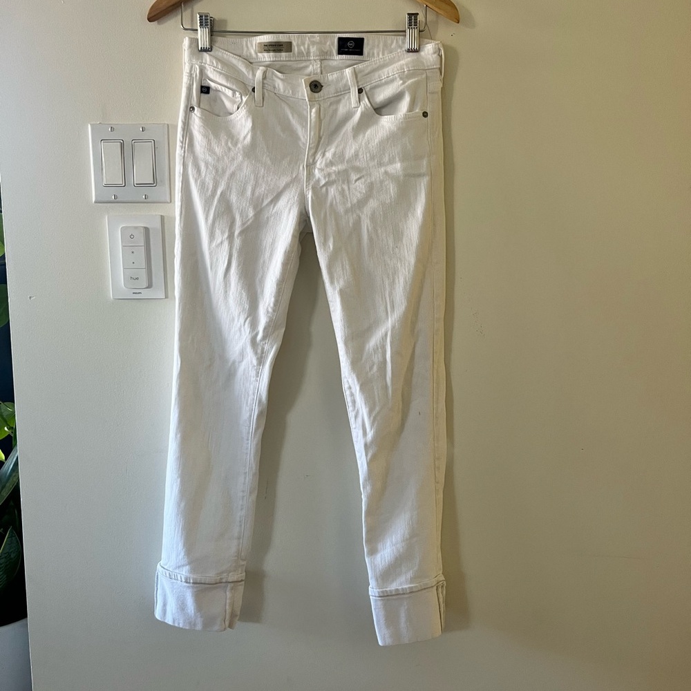 AG Adriano Goldschmied Women's White Cuffed Straight Leg Jeans